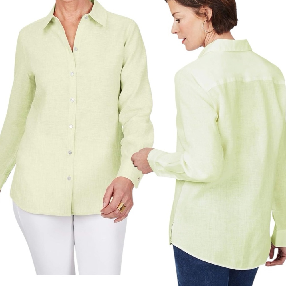 Foxcroft Jordan Lime Fizz Green Linen Relaxed Button Up Shirt Sz 8